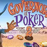 En tecknad cowboyfigur med blå hatt håller i spelkort, omgiven av pokerchips i en ökenlandskap med texten Governor of Poker 2