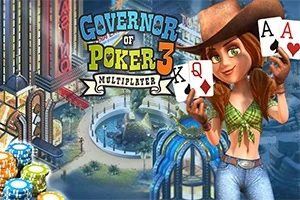Governor of Poker 3 Kvinna i cowboyhatt hÄller spelkort framför en kasinobyggnad med fÀrgglada marker i förgrunden