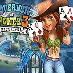 Governor of Poker 3 Kvinna i cowboyhatt hÄller spelkort framför en kasinobyggnad med fÀrgglada marker i förgrunden