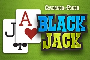 Två spelkort, en hjärter ess och en klöver knekt, med texten Black Jack i stora bokstäver mot en grön bakgrund