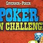 Texten Poker Win Challenge mot en röd bakgrund med spelmarker längst ner