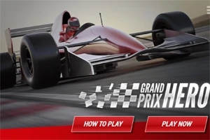 En röd och vit formelbil på en racerbana med texten Grand Prix Hero och två knappar märkta How to Play och Play Now