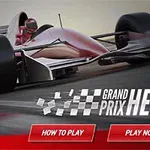 En röd och vit formelbil på en racerbana med texten Grand Prix Hero och två knappar märkta How to Play och Play Now