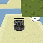 En svart bil kör på en sandig väg med pixelgrafik omgiven av vatten och träd