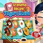 Tecknad flicka bredvid en tallrik med olika typer av nigiri sushi och en mobiltelefon som visar en app
