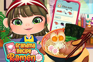 Tecknad person med randig huvudduk som visar upp en skål med ramen framför en färgglad bakgrund och en smartphone med recept