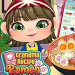 Tecknad person med randig huvudduk som visar upp en skål med ramen framför en färgglad bakgrund och en smartphone med recept