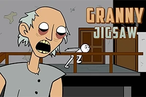 Tecknad bild av en gammal kvinna med trötta ögon bredvid titeln Granny Jigsaw och en springande figur i bakgrunden