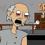 Tecknad bild av en gammal kvinna med trötta ögon bredvid titeln Granny Jigsaw och en springande figur i bakgrunden
