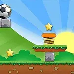 En tecknad bild som visar ett fotbollsmål, en studsmatta, en boll och stjärnor mot en bakgrund av gröna kullar och en soluppgång