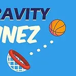 Texten GRAVITY LINEZ med en basketboll och en korg mot en blå bakgrund