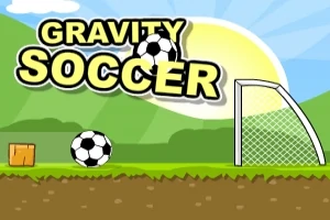 Fotbollsmotiv med texten GRAVITY SOCCER, en fotboll på marken och ett mål med nät i en tecknad landskapsscen