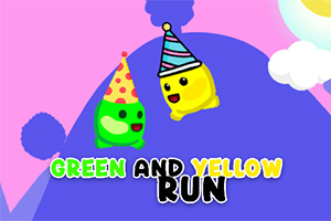 Två tecknade figurer, en grön och en gul, bär partyhattar på en färgglad bakgrund med texten Green and Yellow Run