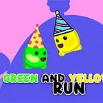 Två tecknade figurer, en grön och en gul, bär partyhattar på en färgglad bakgrund med texten Green and Yellow Run