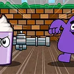 Ett lila tecknat monster och en arg milkshake med ett rör i en tecknad miljö med tegelväggar