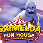 En blå tecknad figur med en mustasch springer på ett lila golv omgiven av milkshakes, med texten Grimelda Fun House framför sig