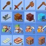 Ett rutnät med pixelgrafikföremål som verktyg, vapen och block, tillsammans med siffror som anger kvantiteter