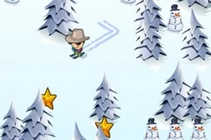 En skidåkare med cowboyhatt åker mellan snöklädda träd och snögubbar, där stjärnor visas på marken