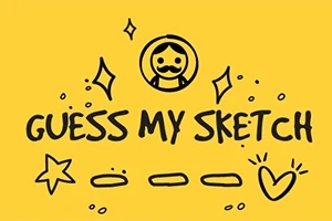 Gul bakgrund med texten GUESS MY SKETCH, omgiven av enkla doodles som stjärnor, hjärta och en cirkel med ett ansikte