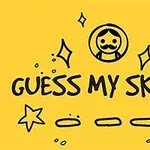 Gul bakgrund med texten GUESS MY SKETCH, omgiven av enkla doodles som stjärnor, hjärta och en cirkel med ett ansikte