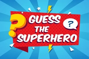 Färgglad illustration med texten Guess the Superhero i en röd pratbubbla mot en blå bakgrund med blixtar och frågetecken