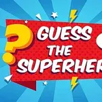 Färgglad illustration med texten Guess the Superhero i en röd pratbubbla mot en blå bakgrund med blixtar och frågetecken