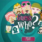 Tecknade karaktärer med olika stilar och ansiktsuttryck omger texten Guess Who?