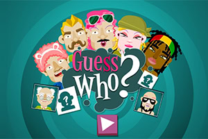 Tecknade ansikten av olika karaktärer i en cirkel med texten Guess Who?