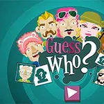 Tecknade ansikten av olika karaktärer i en cirkel med texten Guess Who?