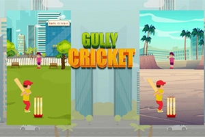 Tecknad bild av två barn som spelar cricket, en i en stadspark och en vid en strand, med texten Gully Cricket i mitten