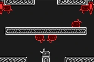 Tvådimensionell spelgrafik med en grå karaktär omgiven av röda fiender och plattformar mot en svart bakgrund