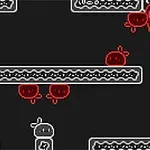 Tvådimensionell spelgrafik med en grå karaktär omgiven av röda fiender och plattformar mot en svart bakgrund