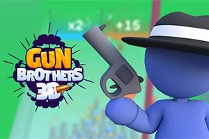 En blå tecknad figur med hatt håller i en pistol framför texten Gun Brothers 3D på grön bakgrund