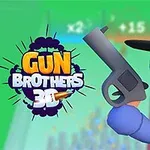 En blå tecknad figur med hatt håller i en pistol framför texten Gun Brothers 3D på grön bakgrund
