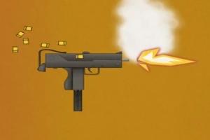 Svart tecknad pistol som avfyrar en kula med eldsflammor och avger rök på en orange bakgrund, med patronhylsor som flyger ut
