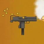 Svart tecknad pistol som avfyrar en kula med eldsflammor och avger rök på en orange bakgrund, med patronhylsor som flyger ut