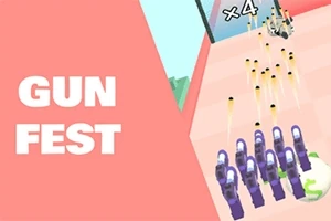 Texten GUN FEST visas bredvid en spelgrafik med uppställda lila vapen som skjuter mot ett mål