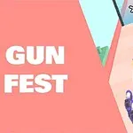 Texten GUN FEST visas bredvid en spelgrafik med uppställda lila vapen som skjuter mot ett mål