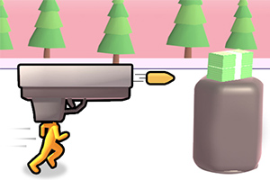 En gul figur bär en stor pistol och springer mot en hög med pengar med bakgrund av tecknade träd