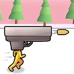 En gul figur bär en stor pistol och springer mot en hög med pengar med bakgrund av tecknade träd
