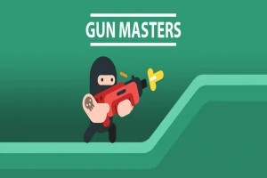 Tecknad figur i svart dräkt och mask håller ett rött vapen på en grön bakgrund med texten Gun Masters
