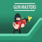 Tecknad figur i svart dräkt och mask håller ett rött vapen på en grön bakgrund med texten Gun Masters