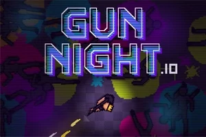 Texten GUN NIGHT i neonstil ovanför en pixlig karaktär som skjuter med ett gevär, med färgglada abstrakta former i bakgrunden