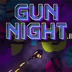 Texten GUN NIGHT i neonstil ovanför en pixlig karaktär som skjuter med ett gevär, med färgglada abstrakta former i bakgrunden