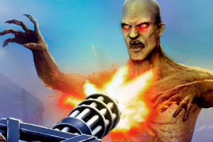 En storvuxen zombie med glödande röda ögon blir skjuten av en kraftfullt avfyrande minigun