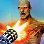 En storvuxen zombie med glödande röda ögon blir skjuten av en kraftfullt avfyrande minigun
