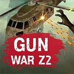 Helikopter svävar ovanför medan en zombie jagar mot den och texten Gun War Z2 är synlig