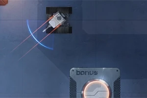 En fågelvy av ett spelbräde med en liten robot och en ruta märkt ”bonus”