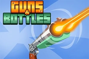 Texten Guns & Bottles i blockbokstäver och en avfyrad revolver med eldflammor mot en blå bakgrund