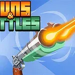 Texten Guns & Bottles i blockbokstäver och en avfyrad revolver med eldflammor mot en blå bakgrund